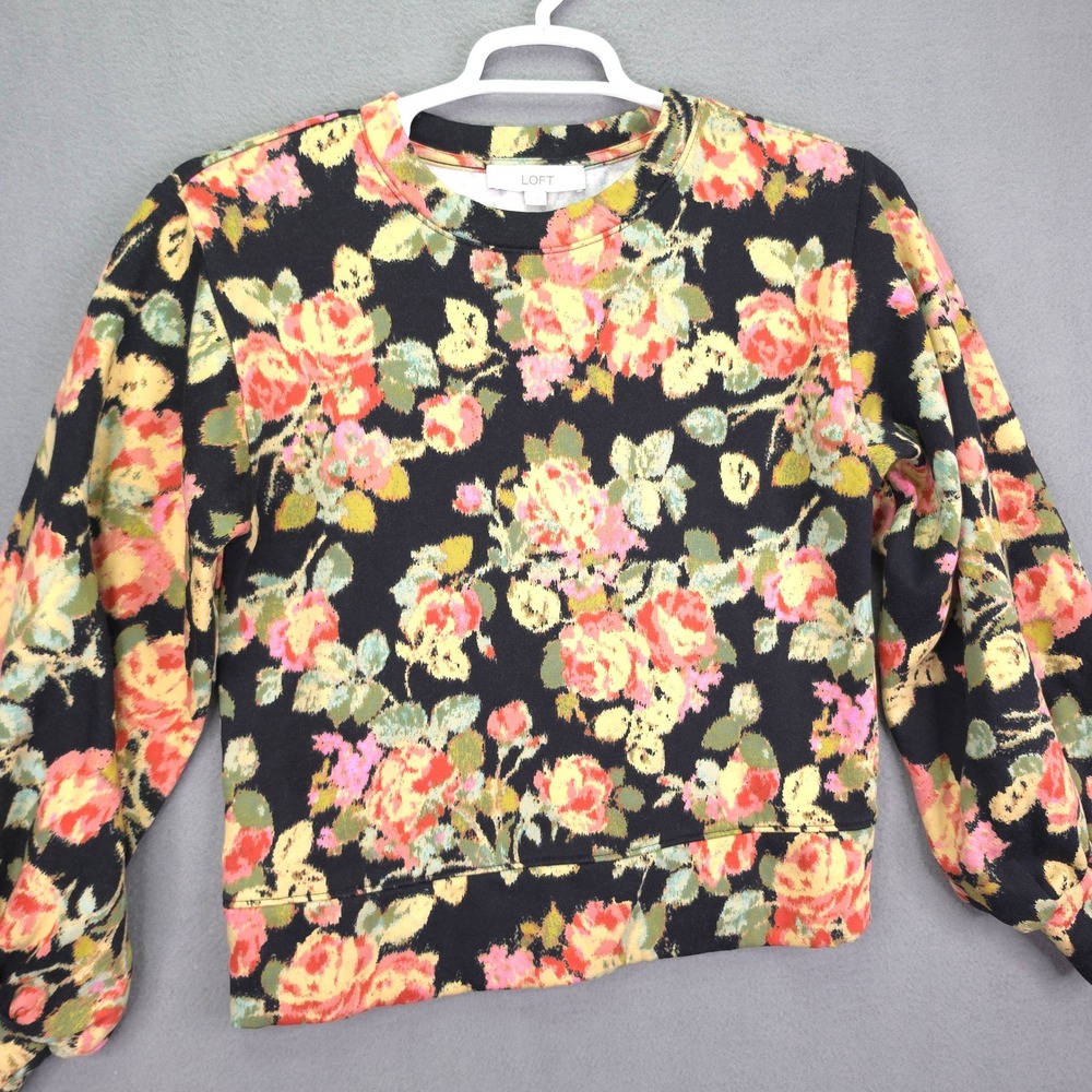 LOFT Sweatshirt Floral Black Multi Color XS Cotton Blend Preppy